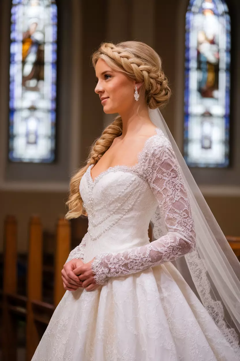 Bridal Braided Crown A beautiful bride with an elegant bridal braided crown hairstyle.