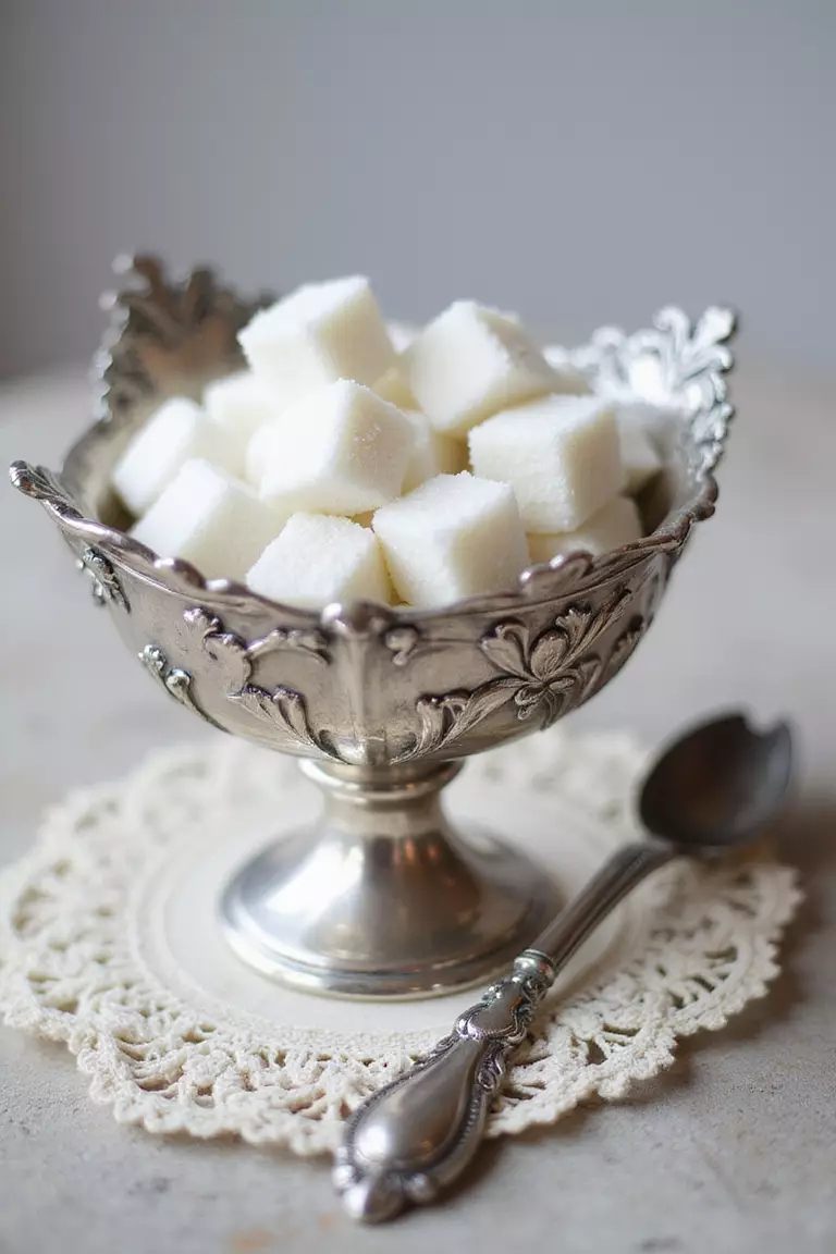 Provide Sugar Cubes And Tongs A professional photo, similar to a photo in a wedding magazine, of a delicate silver sugar bowl filled with white sugar cubes next to ornate silver tongs resting on a lace doily.