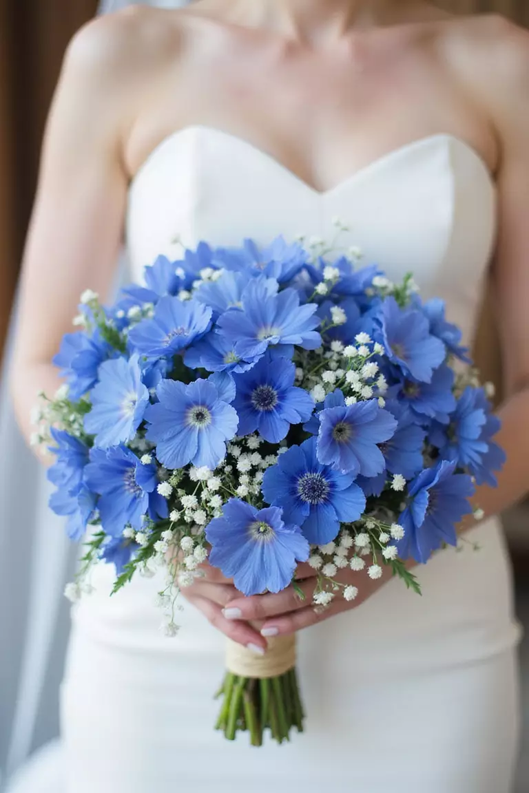 Cornflower Blue Haze A professional photo, similar to a photo in a wedding magazine, of a bride holding a predominantly blue bouquet featuring cornflowers, bachelor's buttons, and touches of white baby's breath.