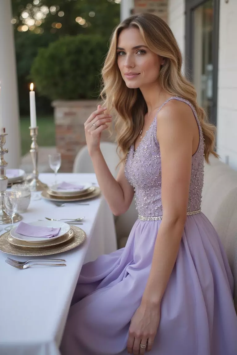 Lilac And Sparkling Silver A professional photo, similar to a photo in a wedding magazine, of lilac bridesmaid dresses shimmering slightly next to silver table accents like candle holders and chargers. Soft evening light.