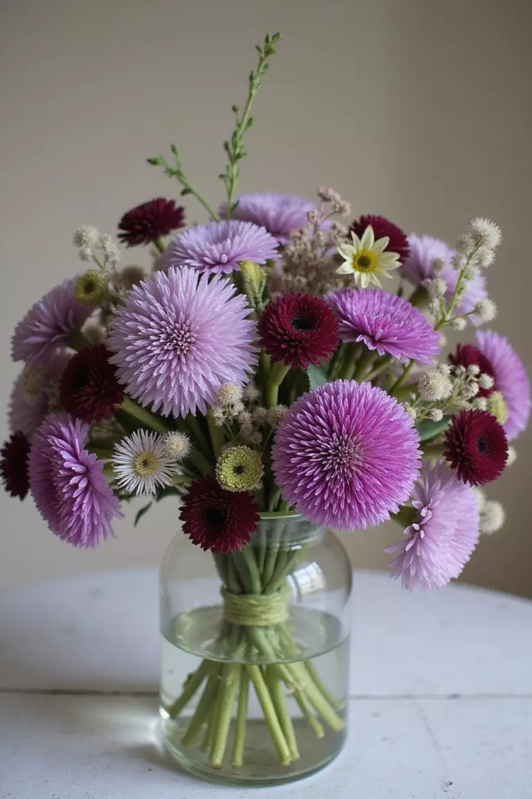 Scabiosa A professional photo, similar to a photo in a wedding magazine, of whimsical pincushion-like scabiosa flowers in lavender and deep burgundy mixed into a garden-style wedding centerpiece.