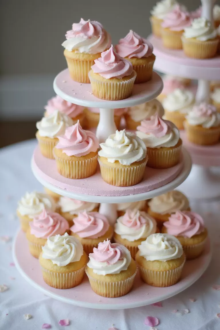 Cupcake Tower Fun A professional photo, similar to a photo in a wedding magazine, of a multi-level stand filled with coordinating cupcakes frosted in white and pink, arranged beautifully.