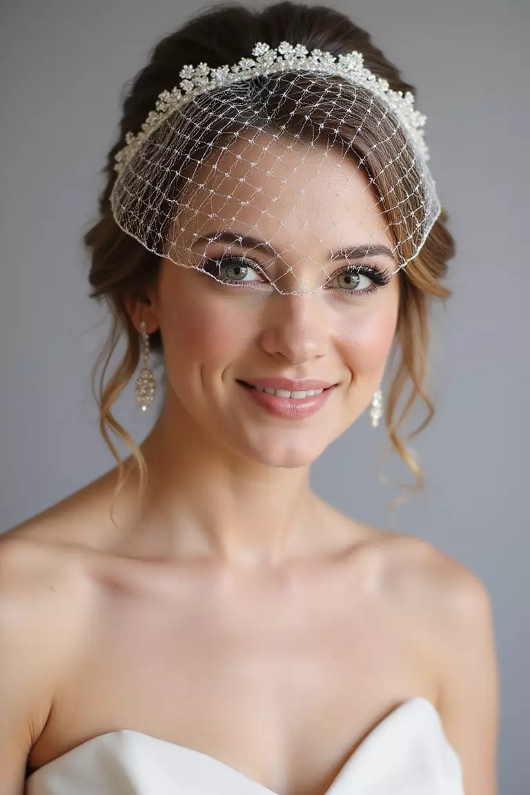 Birdcage Veil A professional photo, similar to a photo in a wedding magazine, of a smiling bride wearing a short, netting birdcage veil covering just her eyes.
