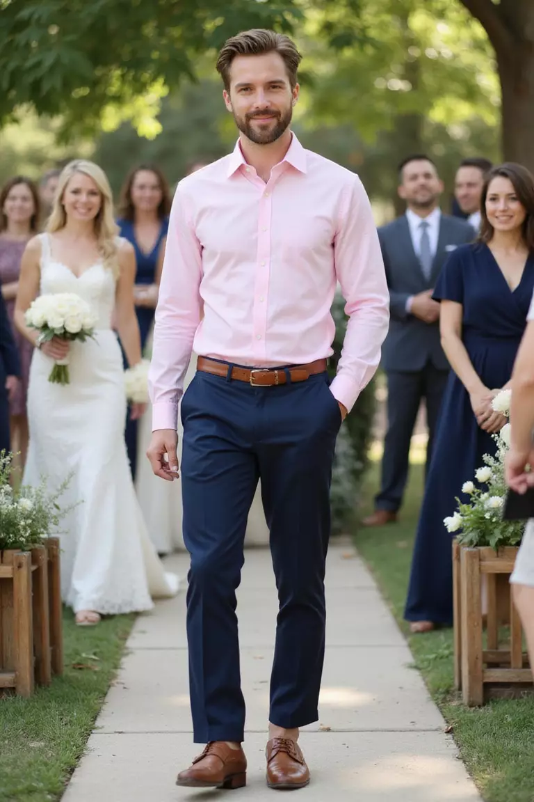 Pastel Shirt and Navy Pants A professional photo, similar to a photo in a wedding magazine, of a man wearing a light pink button-down shirt, navy dress pants, brown belt, and matching shoes at a casual outdoor wedding.