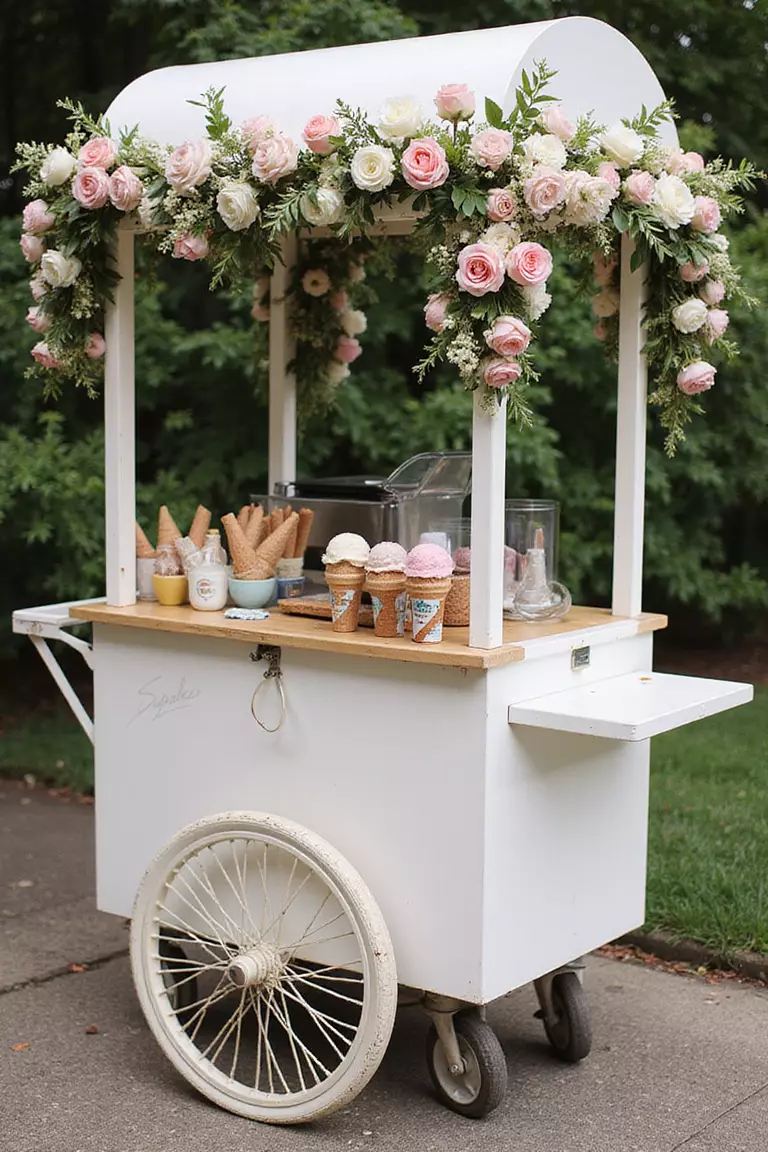 Serve Ice Cream For Dessert A professional photo, similar to a photo in a wedding magazine, of a cheerful ice cream cart decorated with flowers serving scoops in cones and cups at a wedding reception.