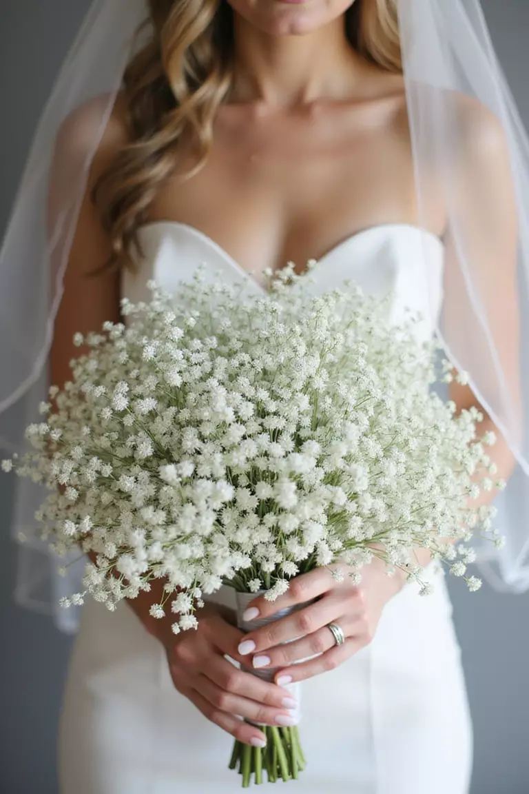 Baby's Breath Cloud A professional photo, similar to a photo in a wedding magazine, of a bride holding a large, round, airy bouquet composed solely of white baby's breath, creating a cloud-like effect.