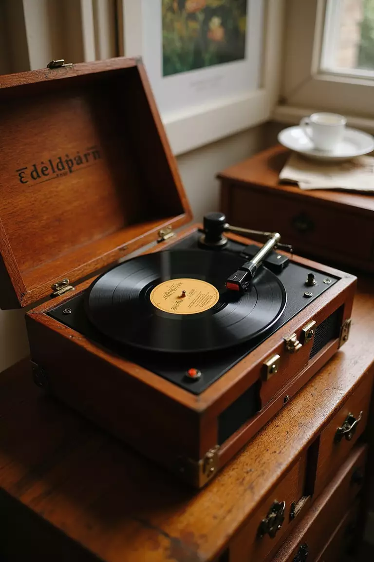 Record Player Music A professional photo, similar to a photo in a wedding magazine, of an antique wooden record player spinning a vinyl record during a wedding cocktail hour.