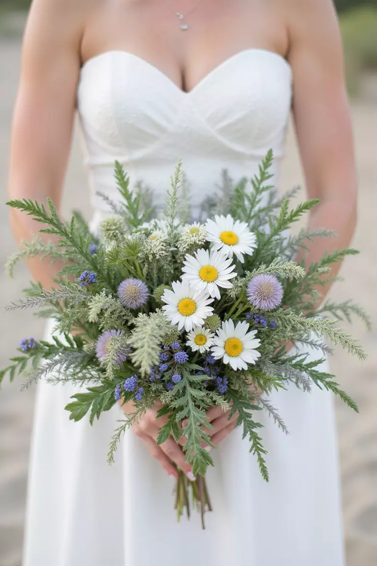 Coastal Charm A professional photo, similar to a photo in a wedding magazine, of a bride holding a bouquet with sea thrift, coastal daisies, blue sea holly, and dune grasses.