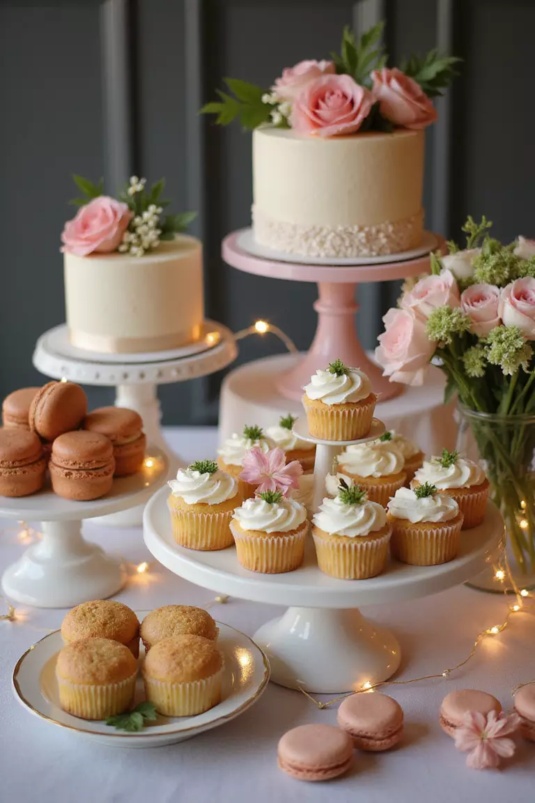 Sweet Dessert Table Display A professional photo, similar to a photo in a wedding magazine, of a multi-level dessert table featuring cupcakes, macarons, and a small cake on various stands, decorated with flowers and fairy lights.
