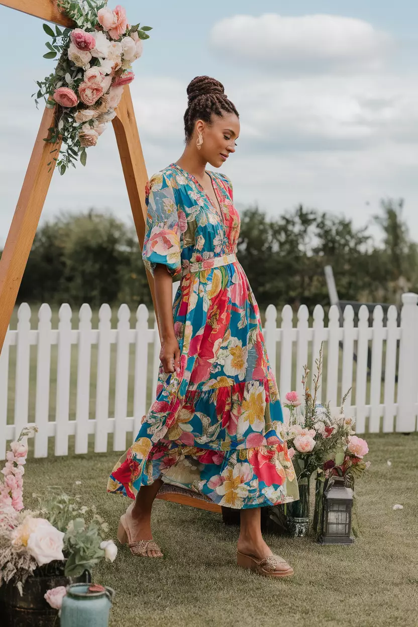 Colorful Floral Smock Dress A beautiful woman in a stylish colorful floral smock dress with a relaxed fit, outdoor summer wedding reception.