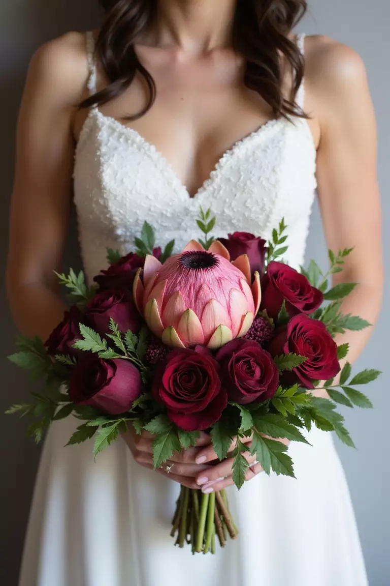 Jewel Toned Protea Focus A professional photo, similar to a photo in a wedding magazine, of a bride holding a striking bouquet featuring a large pink or deep red protea bloom surrounded by rich jewel-toned flowers and foliage.