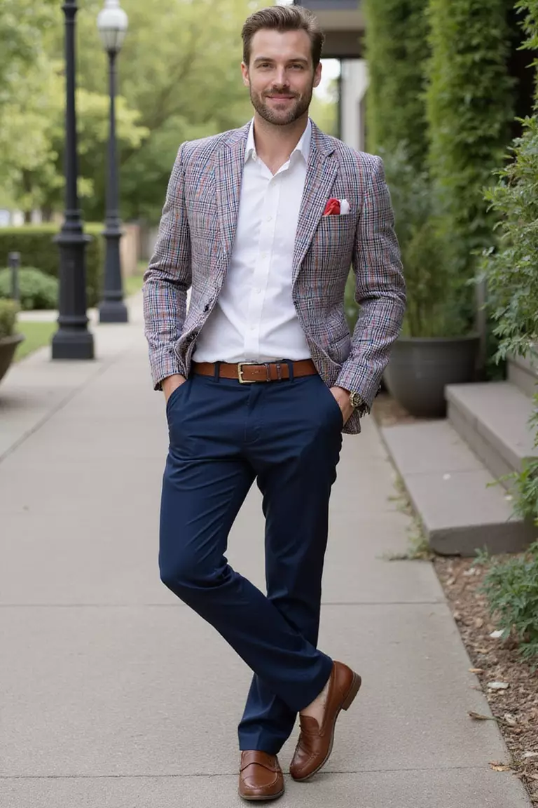 Madras Blazer with Solid Pants A professional photo, similar to a photo in a wedding magazine, of a man wearing a multicolored madras blazer, white shirt, solid navy pants, and brown loafers at a preppy summer wedding.