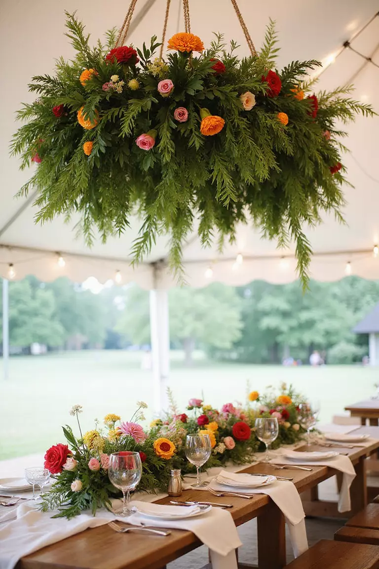 Hanging Flower Installations A professional photo, similar to a photo in a wedding magazine, of a dense floral installation with greenery and colorful summer blooms hanging above a long head table inside a tent.
