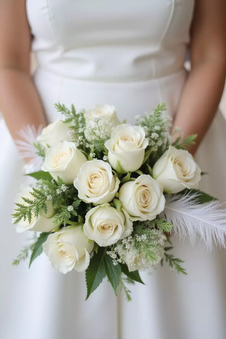 Feather Details A professional photo, similar to a photo in a wedding magazine, of a bride holding an elegant bouquet of white roses and greenery, softly accented with a few long, wispy white ostrich feathers.