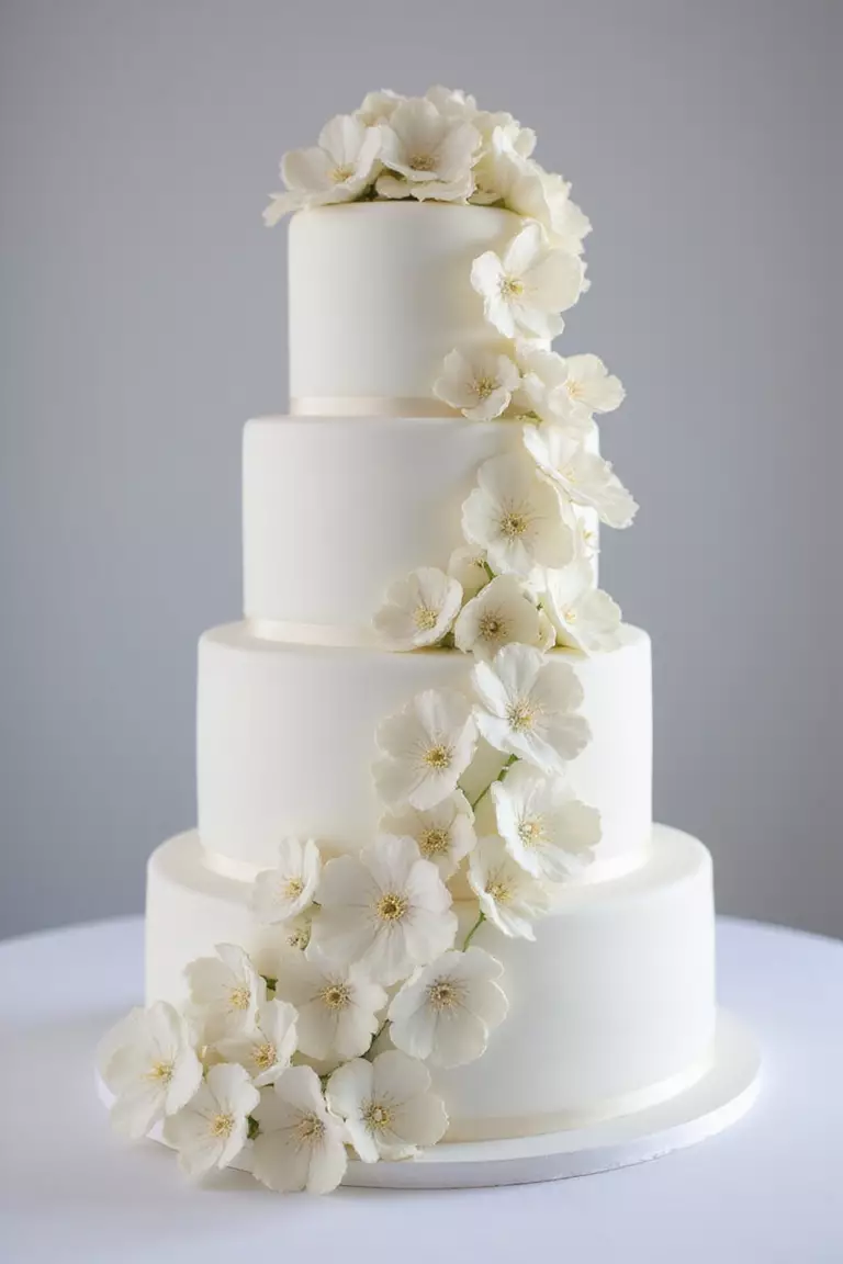 Multi Tiered Wedding Cake A professional photo, similar to a photo in a wedding magazine, of a tall, elegant white wedding cake with four smooth tiers, accented with delicate sugar flowers cascading down one side.