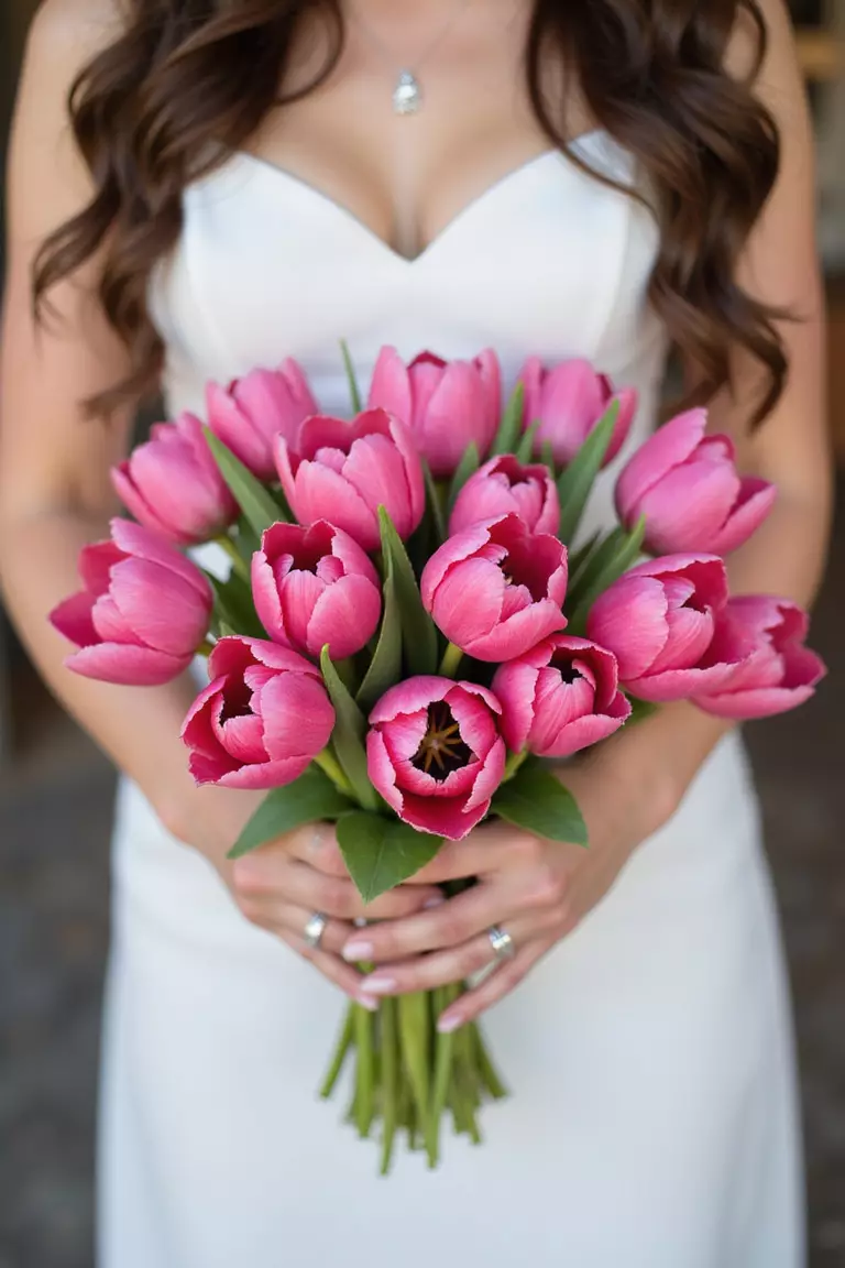 Pretty Pink Tulips A professional photo, similar to a photo in a wedding magazine, of a bride holding a vibrant bouquet filled with various shades of bright pink tulips, some slightly open.