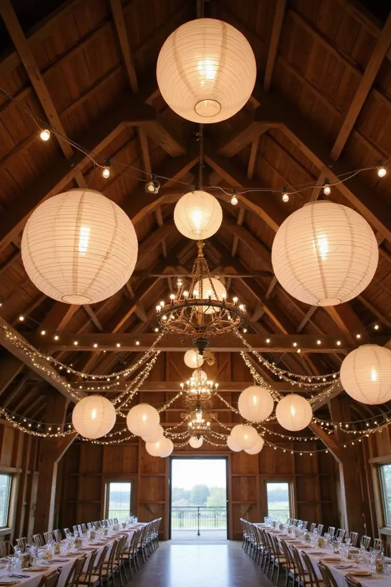 A professional photo, similar to a photo in a wedding magazine, of paper lanterns and string lights hanging from the ceiling beams of a rustic barn venue during a daytime event.
