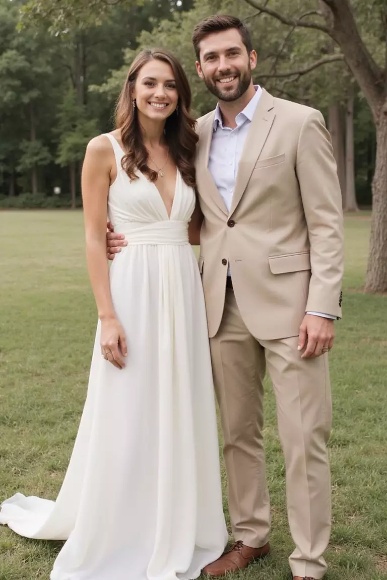 Opt For Light Wedding Attire A professional photo, similar to a photo in a wedding magazine, of a smiling bride in a simple, flowing, sleeveless chiffon wedding dress standing next to a groom in a light tan linen suit.