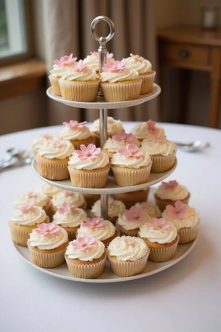 Cupcake Tower A professional photo, similar to a photo in a wedding magazine, of a three-tier stand displaying frosted cupcakes decorated with edible flowers and pearls, replacing a traditional centerpiece.