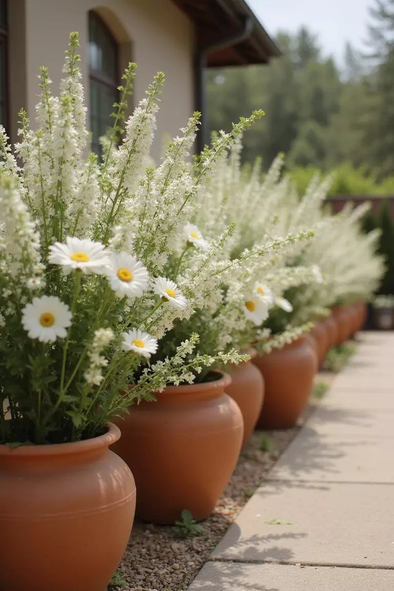 Terracotta And Soft Ivory A professional photo, similar to a photo in a wedding magazine, of terracotta pots holding ivory flowers lining a wedding aisle. Warm, earthy tones dominate the scene.