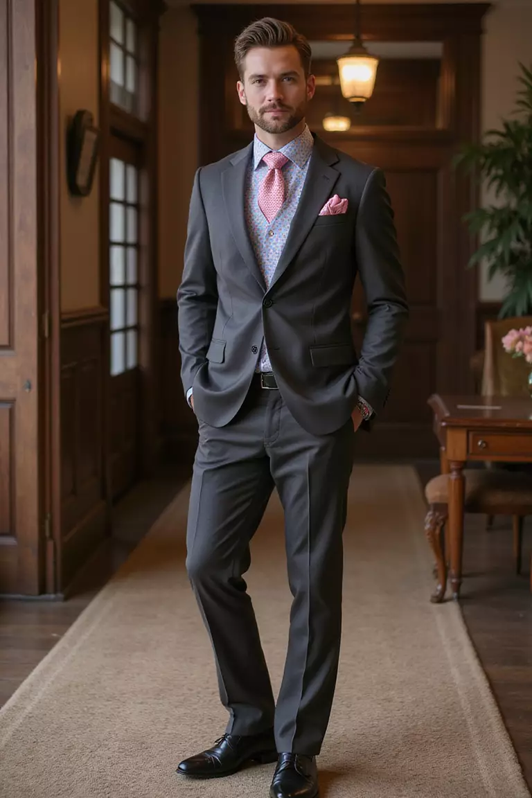 Charcoal Suit With Summer Twist A professional photo, similar to a photo in a wedding magazine, of a man wearing a lightweight charcoal suit with a pastel shirt, bright pocket square, and black shoes at a formal venue