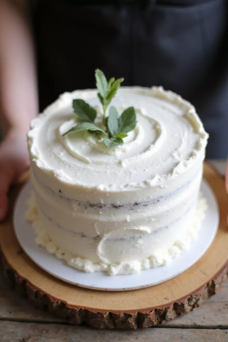 Rustic Buttercream Charm A professional photo, similar to a photo in a wedding magazine, of a round cake with textured, rustic-style white buttercream frosting and a simple sprig of greenery on top.
