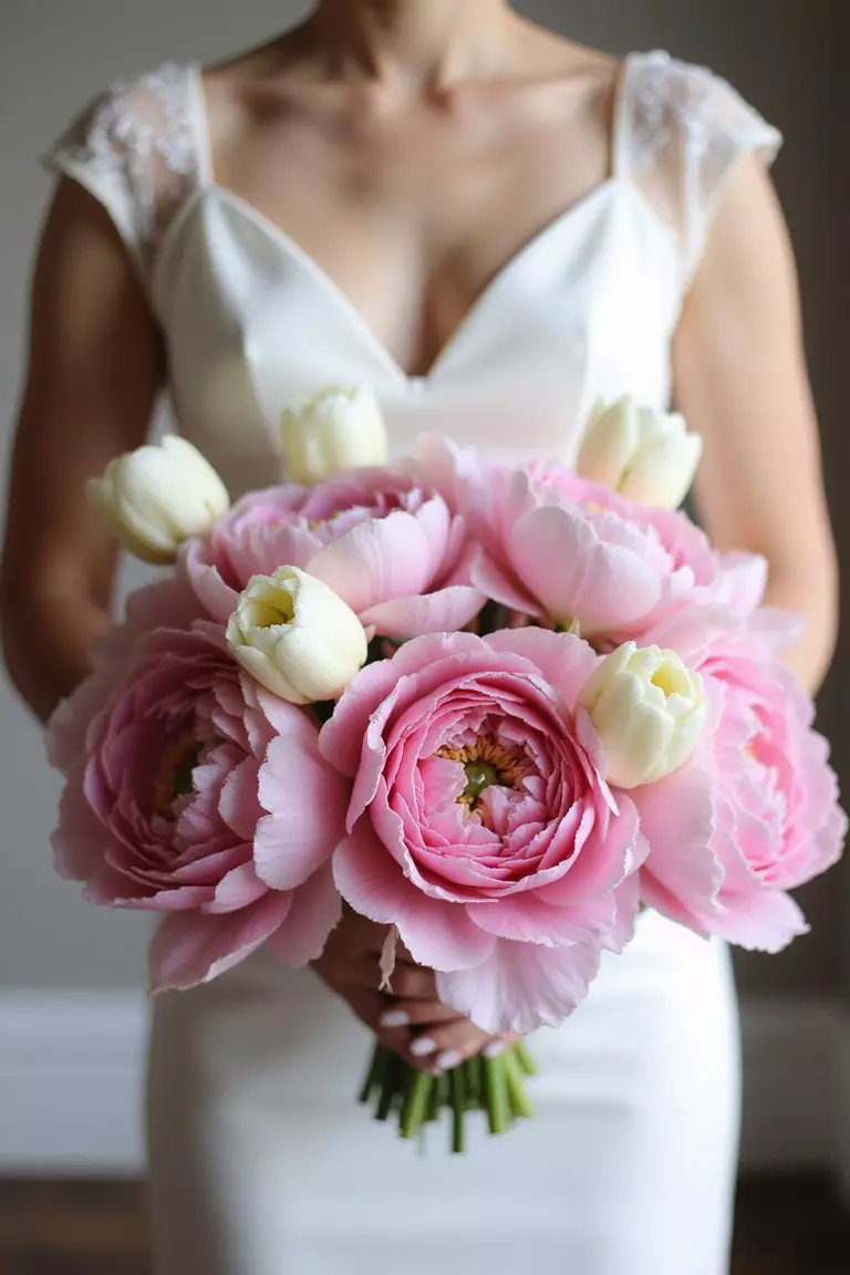 Tulips And Peonies A professional photo, similar to a photo in a wedding magazine, of a bride holding a voluminous, lush bouquet featuring large, fluffy pink peonies and sleek white tulips.