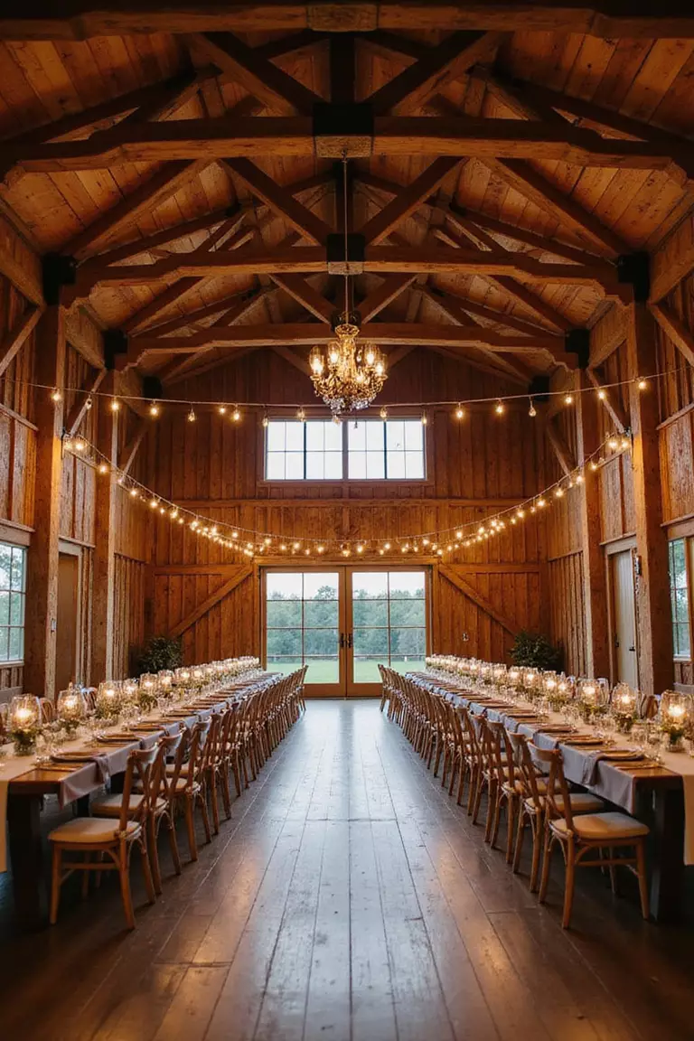 Barn Venue Charm A professional photo, similar to a photo in a wedding magazine, of a rustic wooden barn interior decorated with string lights and tables set for a wedding reception.