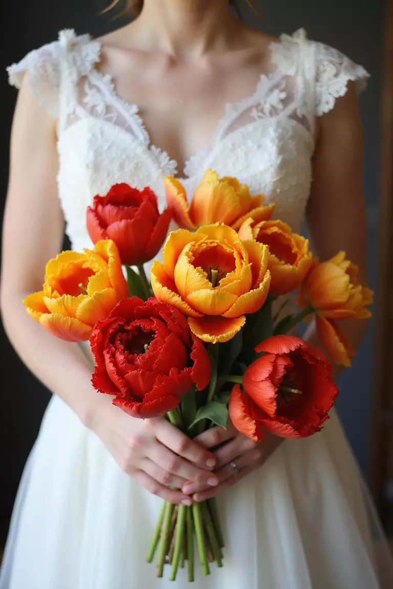 Parrot Tulips A professional photo, similar to a photo in a wedding magazine, of a bride holding a unique bouquet filled with vibrant, ruffled parrot tulips in shades of red and yellow.