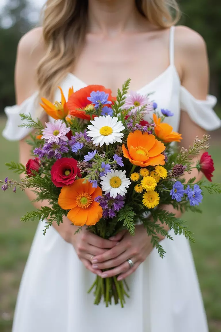 Rainbow Wild Mix A professional photo, similar to a photo in a wedding magazine, of a bride holding a vibrant, multicolored bouquet with a wide assortment of wildflowers like poppies, daisies, cornflowers, and buttercups.