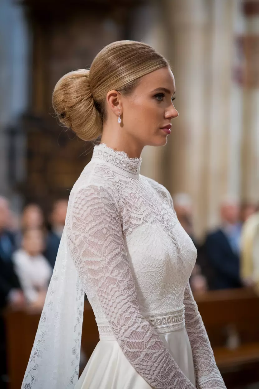 Bridal Chignon A beautiful bride with a sophisticated bridal chignon hairstyle.
