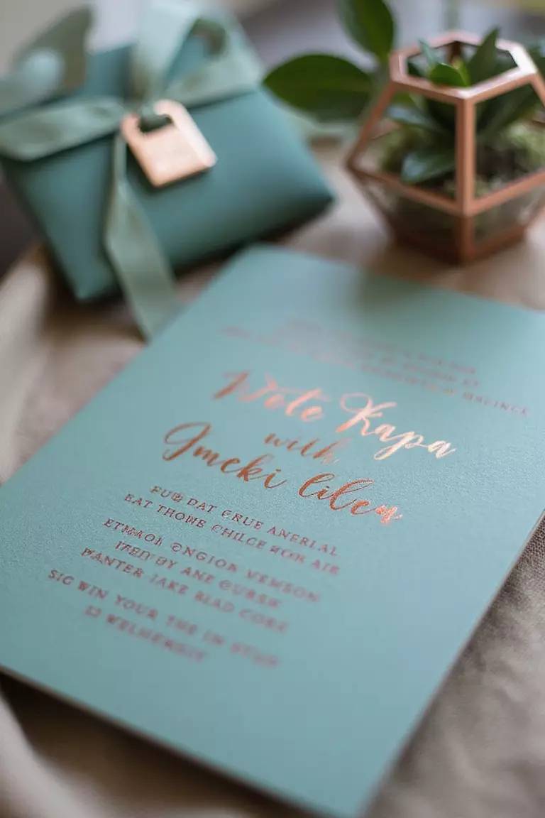 Teal And Warm Copper A professional photo, similar to a photo in a wedding magazine, of teal-colored wedding stationery accented with warm copper foil calligraphy. A copper geometric terrarium sits nearby.