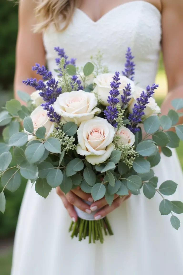 Lavender And Sage Green A professional photo, similar to a photo in a wedding magazine, of a bridal bouquet featuring lavender sprigs and sage green eucalyptus leaves. Soft focus background shows a garden setting.