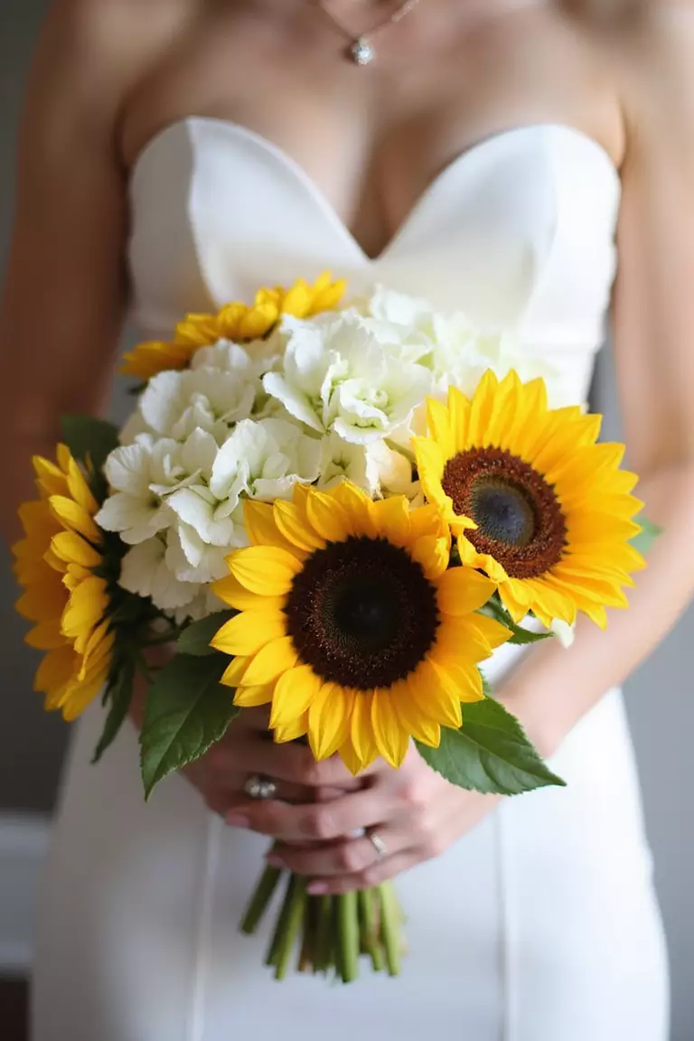 Sunflowers And White Hydrangeas A professional photo, similar to a photo in a wedding magazine, of a bride holding a full bouquet combining large yellow sunflowers with fluffy white hydrangeas for a soft, voluminous look.