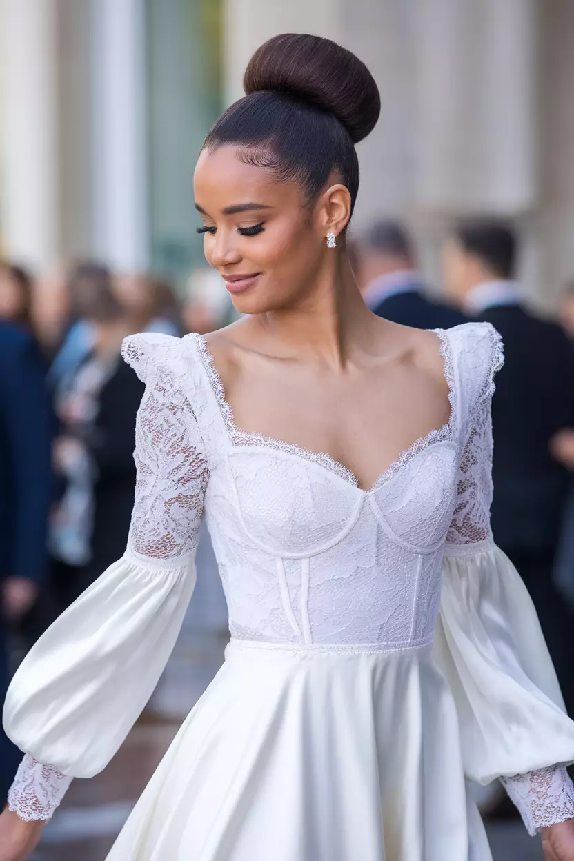 Classic Bun A beautiful woman with a classic bun hairstyle, suitable for a formal summer wedding.