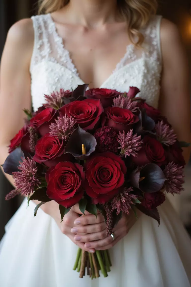 Deep Red Romance A professional photo, similar to a photo in a wedding magazine, of a bride holding a rich bouquet featuring deep red roses, dark calla lilies, and burgundy ranunculus, creating a passionate look.