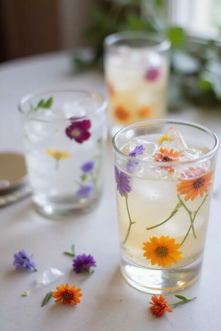 Use Floral Ice Cubes A professional photo, similar to a photo in a wedding magazine, of clear ice cubes with small, colorful edible flowers frozen inside floating in glasses of water and cocktails.
