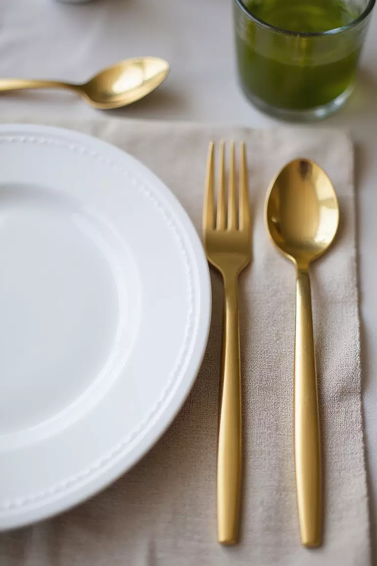 Gold Cutlery Accents A professional photo, similar to a photo in a wedding magazine, of a place setting with gleaming gold forks, knives, and spoons arranged neatly beside a white plate on a textured linen napkin.