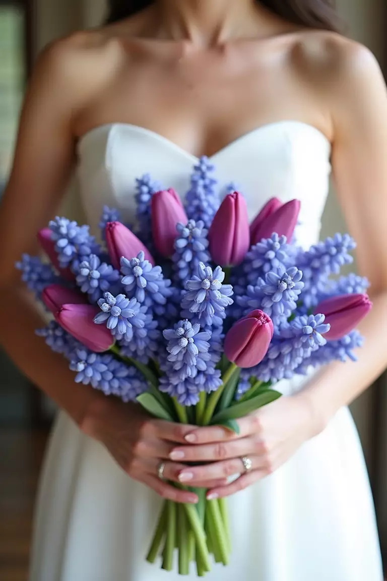 Tulip And Hyacinth Mix A professional photo, similar to a photo in a wedding magazine, of a bride holding a fragrant spring bouquet combining purple tulips and blue hyacinth clusters.