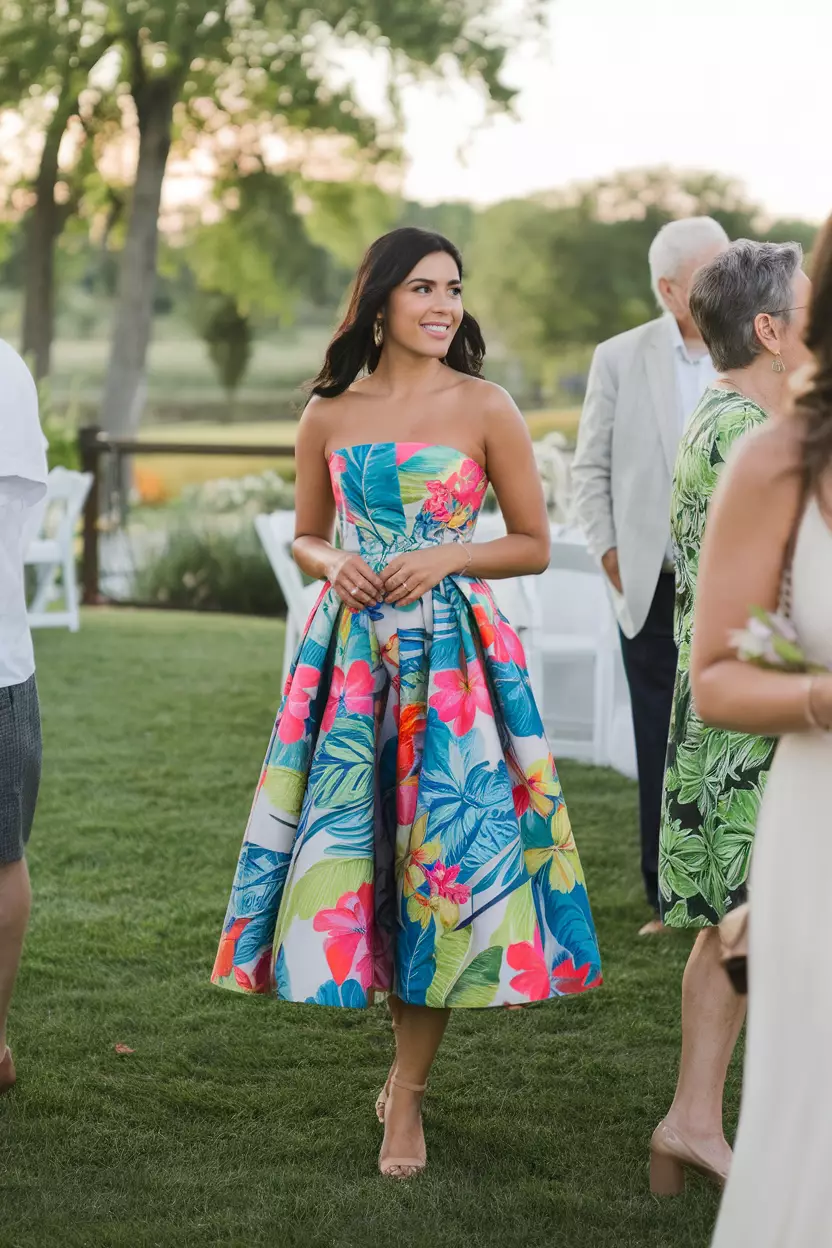 Strapless Midi Dress With Island Print A beautiful woman in a stylish strapless midi dress with a vibrant island print, outdoor summer wedding reception.