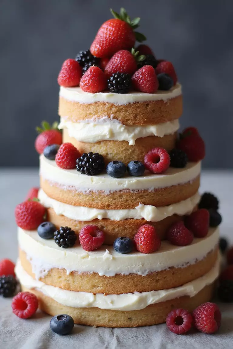 Naked Cake With Berries A professional photo, similar to a photo in a wedding magazine, of a three-tier naked cake with minimal frosting between layers, generously topped with fresh strawberries, blueberries, and raspberries.
