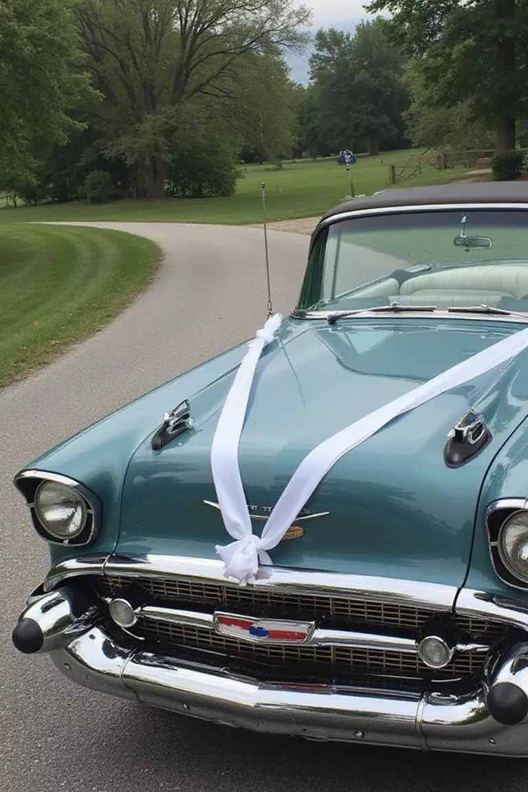 Classic Getaway Car A professional photo, similar to a photo in a wedding magazine, of a gleaming, polished 1957 Chevrolet Bel Air convertible decorated with simple white ribbons, parked on a country lane.