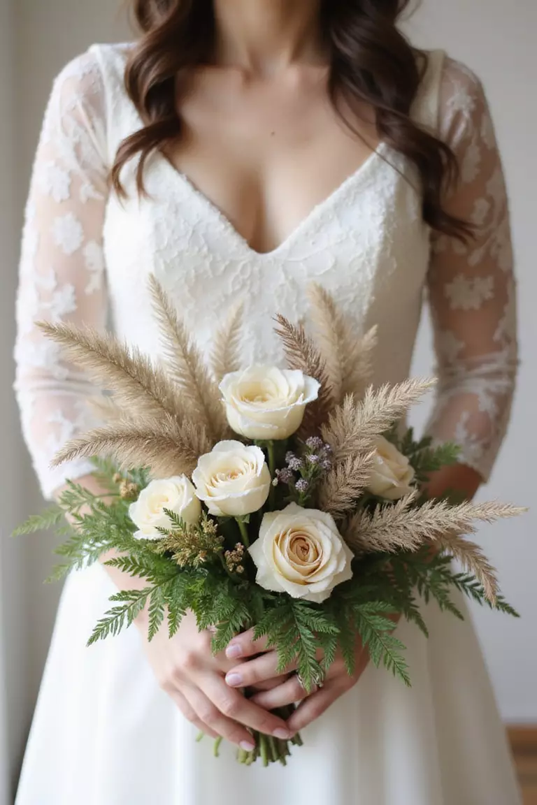 Feathers And Ferns Texture A professional photo, similar to a photo in a wedding magazine, of a bride holding a whimsical bouquet incorporating delicate ferns, dried grasses, and soft, natural-colored feathers for added texture.