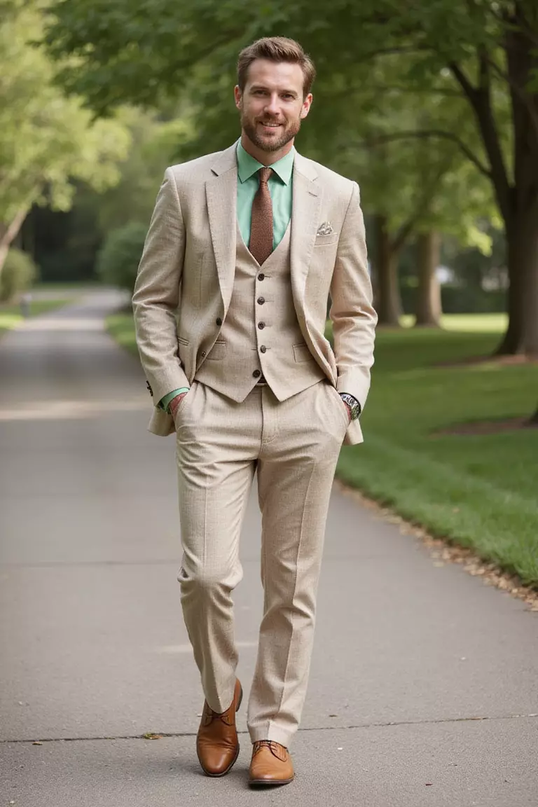 Textured Linen Blend A professional photo, similar to a photo in a wedding magazine, of a man wearing a textured beige linen blend suit with light green shirt, brown tie, and tan shoes at an outdoor wedding
