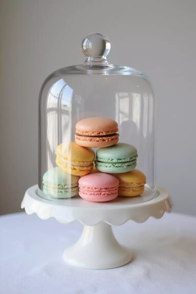 Macaron Marvel A professional photo, similar to a photo in a wedding magazine, of a clear glass cloche covering a small stack of colorful macarons arranged artfully on a cake stand.