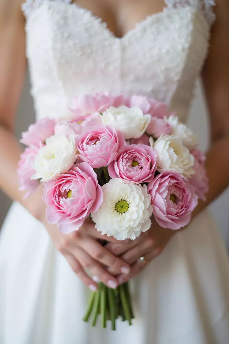 Ranunculus Layers A professional photo, similar to a photo in a wedding magazine, of a bride holding a delicate bouquet packed with pink and white ranunculus flowers, highlighting their dense, paper-like petals.