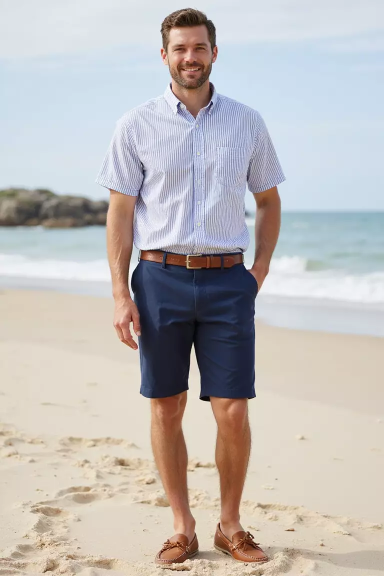 Striped Shirt and Navy Shorts A professional photo, similar to a photo in a wedding magazine, of a man wearing a vertical striped short-sleeve button-down, tailored navy shorts, and boat shoes at a very casual beach wedding.