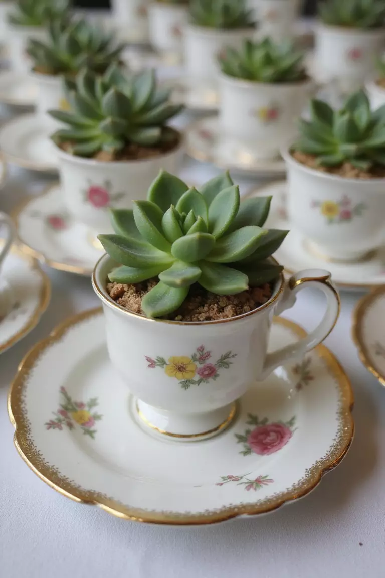 Succulent Favors In Teacups A professional photo, similar to a photo in a wedding magazine, of small succulent plants potted in various vintage teacups arranged as wedding favors.