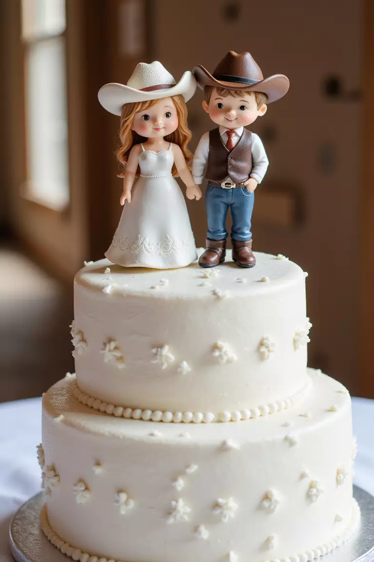 A professional photo, similar to a photo in a wedding magazine, of a wedding cake topped with charming figurines of a bride and groom in cowboy hats and boots.