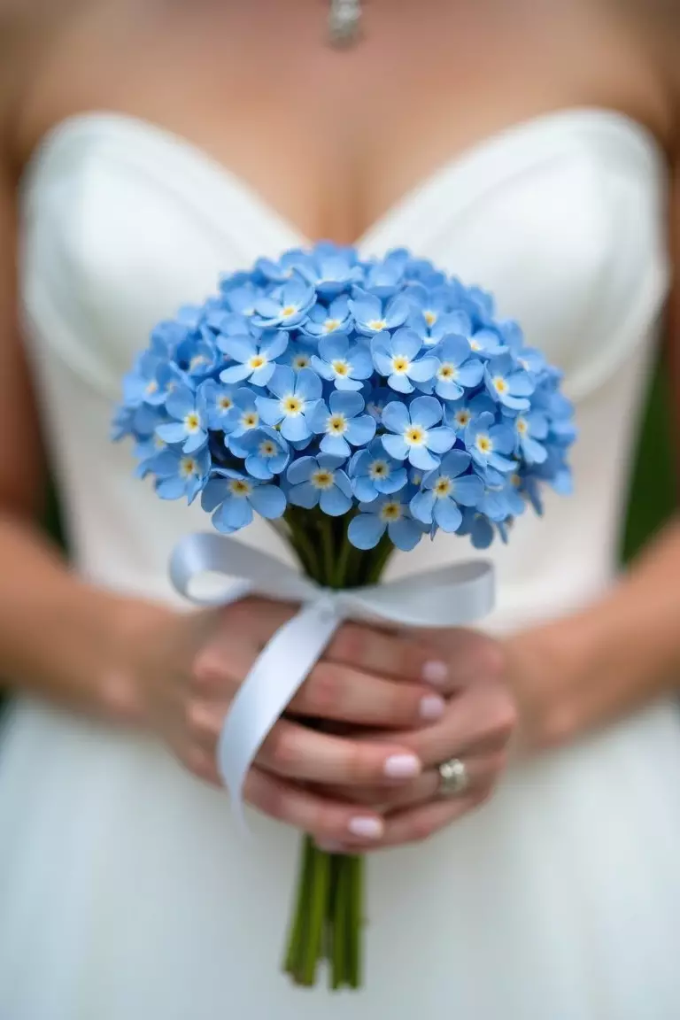 Forget-Me-Not Charm A professional photo, similar to a photo in a wedding magazine, of a bride holding a petite bouquet composed entirely of tiny blue forget-me-nots tied with a thin white silk ribbon.